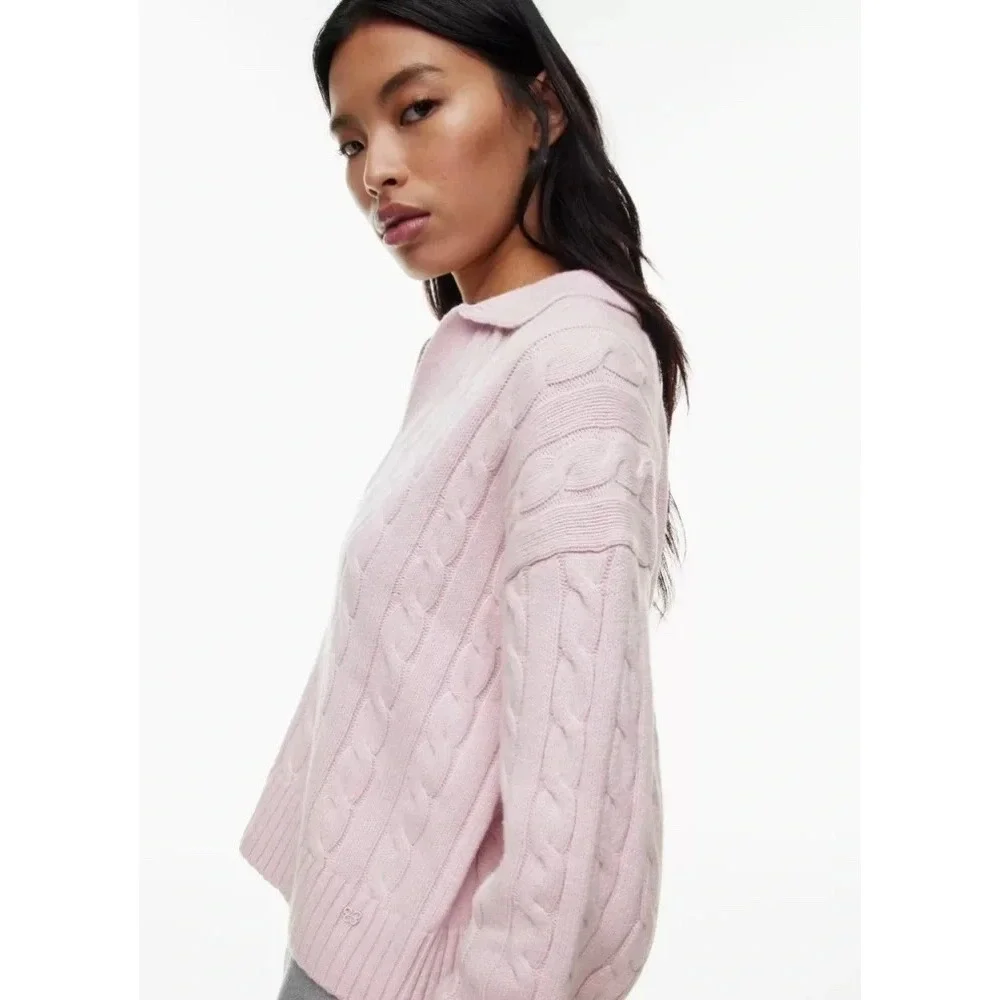 Aritzia Merino Wool Lottie Relaxed Polo Sweater Strawberry Puff Pink M Coquette - Picture 2 of 8